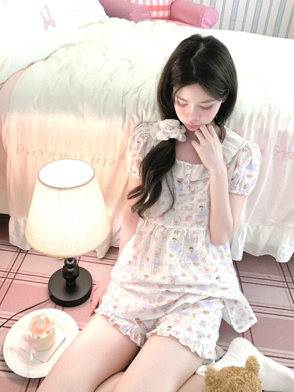 Sleepy Cat Doll Neck Short Sleeve Summer Pajamas for Women Two Piece Set