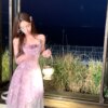 Cold Mist Purple Flower Crushed Tulle Halter Dress