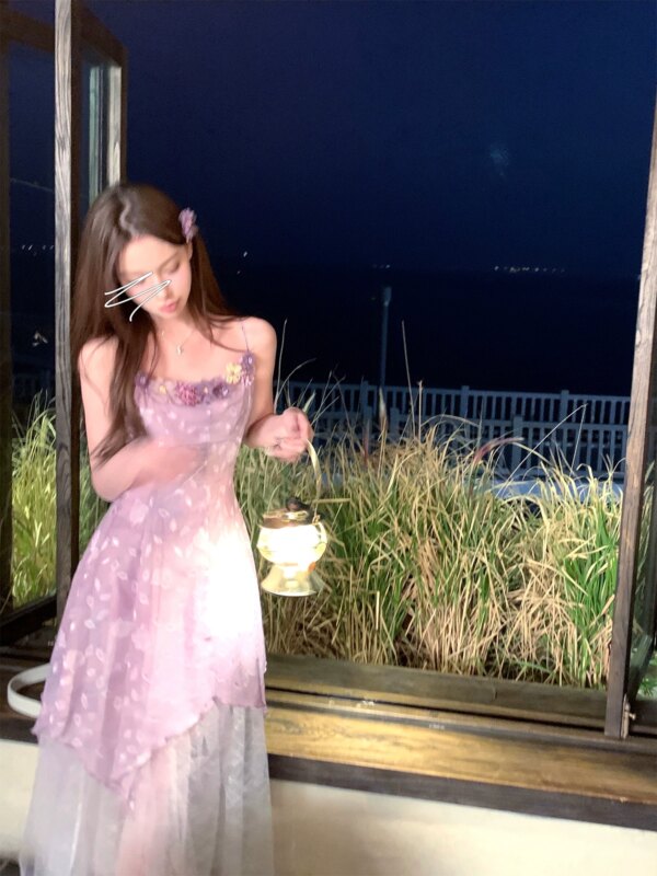 Cold Mist Purple Flower Crushed Tulle Halter Dress