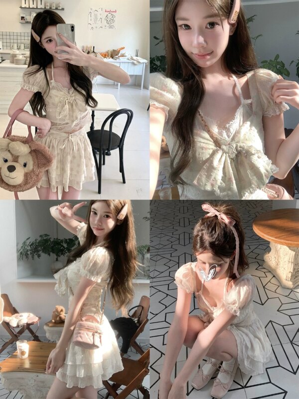 Sweet Flower Halo Halo Lace Crushed Floral Two Piece Dress