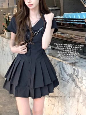 White navy waisted shirt dress