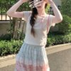 Sweet Silk Short Sleeve T-Shirt Half Body Skirt Two Piece Set