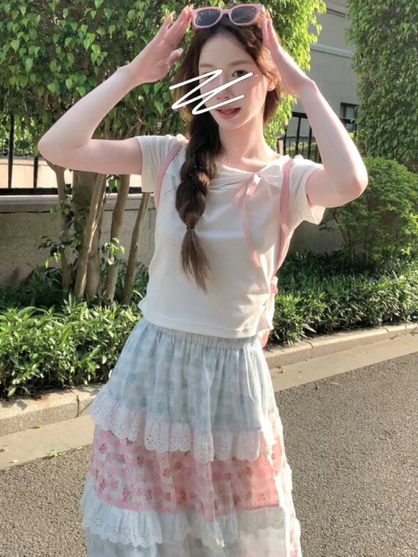 Sweet Silk Short Sleeve T-Shirt Half Body Skirt Two Piece Set