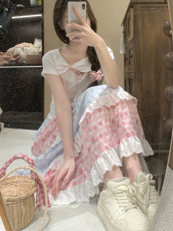 Sweet Silk Short Sleeve T-Shirt Half Body Skirt Two Piece Set