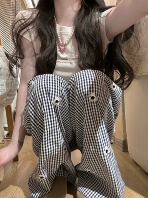Edge Floral Pants Casual Plaid Straight Leg Pants