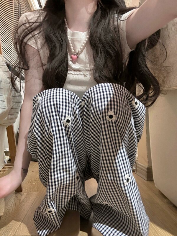 Edge Floral Pants Casual Plaid Straight Leg Pants