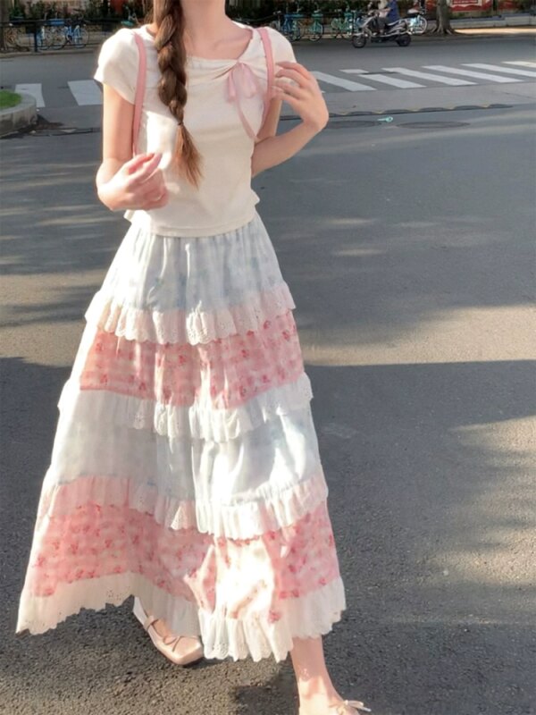 Sweet Silk Short Sleeve T-Shirt Half Body Skirt Two Piece Set