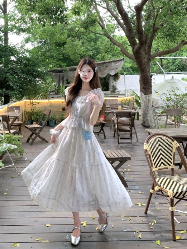 Little Flower Blue Floral Set Two Piece Waisted Shirt Half Body Skirt