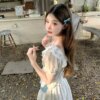 Little Flower Blue Floral Set Two Piece Waisted Shirt Half Body Skirt