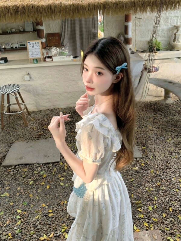 Little Flower Blue Floral Set Two Piece Waisted Shirt Half Body Skirt