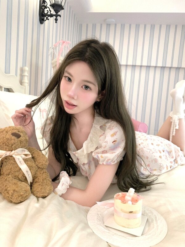 Sleepy Cat Doll Neck Short Sleeve Summer Pajamas for Women Two Piece Set