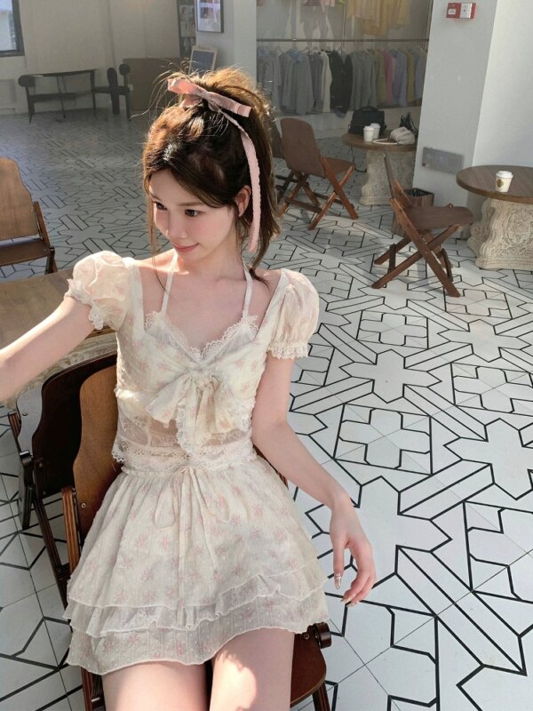 Sweet Flower Halo Halo Lace Crushed Floral Two Piece Dress