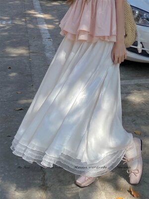 Flowy Half Skirt High Waist Loose White Long Skirt