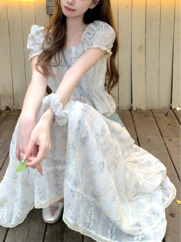 Little Flower Blue Floral Set Two Piece Waisted Shirt Half Body Skirt