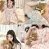 Sleepy Cat Doll Neck Short Sleeve Summer Pajamas for Women Two Piece Set