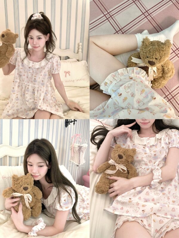 Sleepy Cat Doll Neck Short Sleeve Summer Pajamas for Women Two Piece Set
