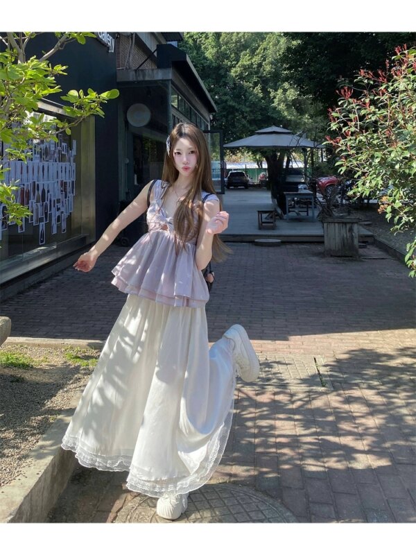 Flowy Half Skirt High Waist Loose White Long Skirt