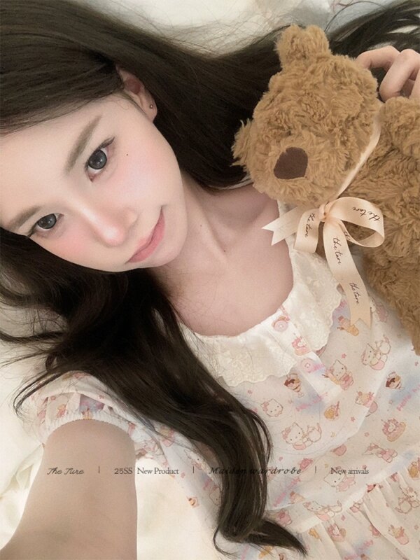 Sleepy Cat Doll Neck Short Sleeve Summer Pajamas for Women Two Piece Set