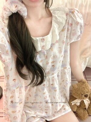 Sleepy Cat Doll Neck Short Sleeve Summer Pajamas for Women Two Piece Set