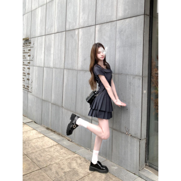 White navy waisted shirt dress
