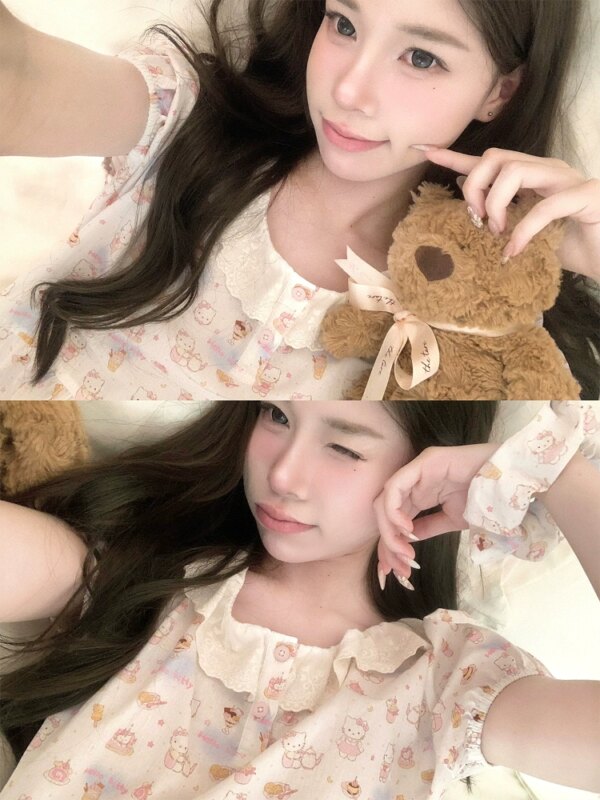 Sleepy Cat Doll Neck Short Sleeve Summer Pajamas for Women Two Piece Set