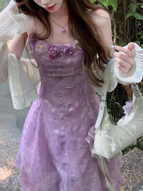 Cold Mist Purple Flower Crushed Tulle Halter Dress