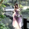 Cold Mist Purple Flower Crushed Tulle Halter Dress