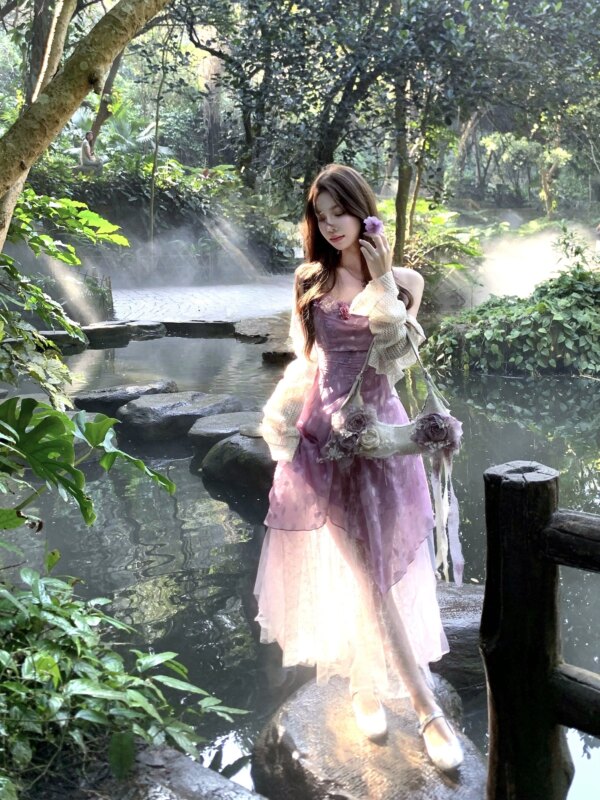 Cold Mist Purple Flower Crushed Tulle Halter Dress