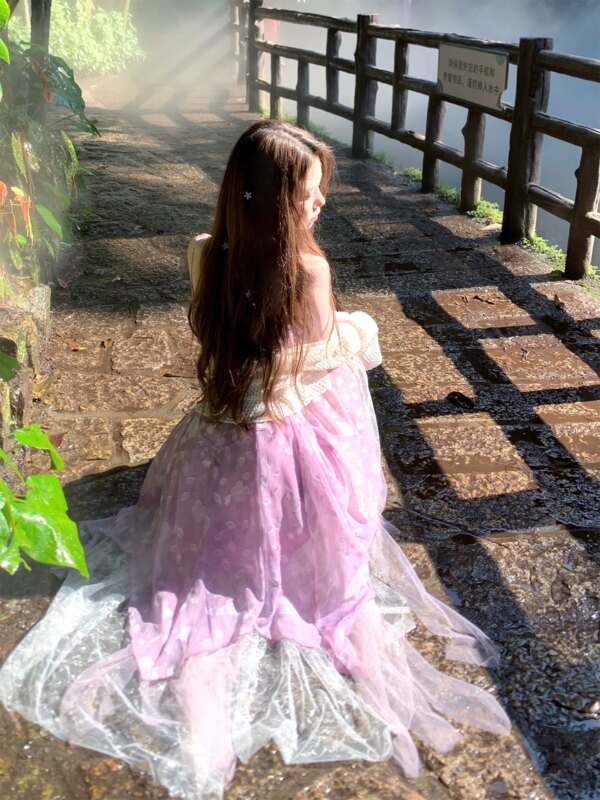 Cold Mist Purple Flower Crushed Tulle Halter Dress