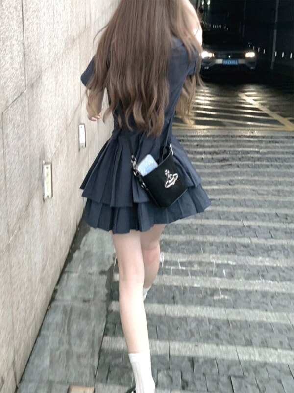 White navy waisted shirt dress