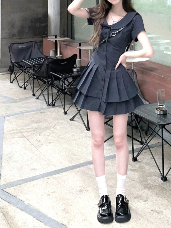 White navy waisted shirt dress